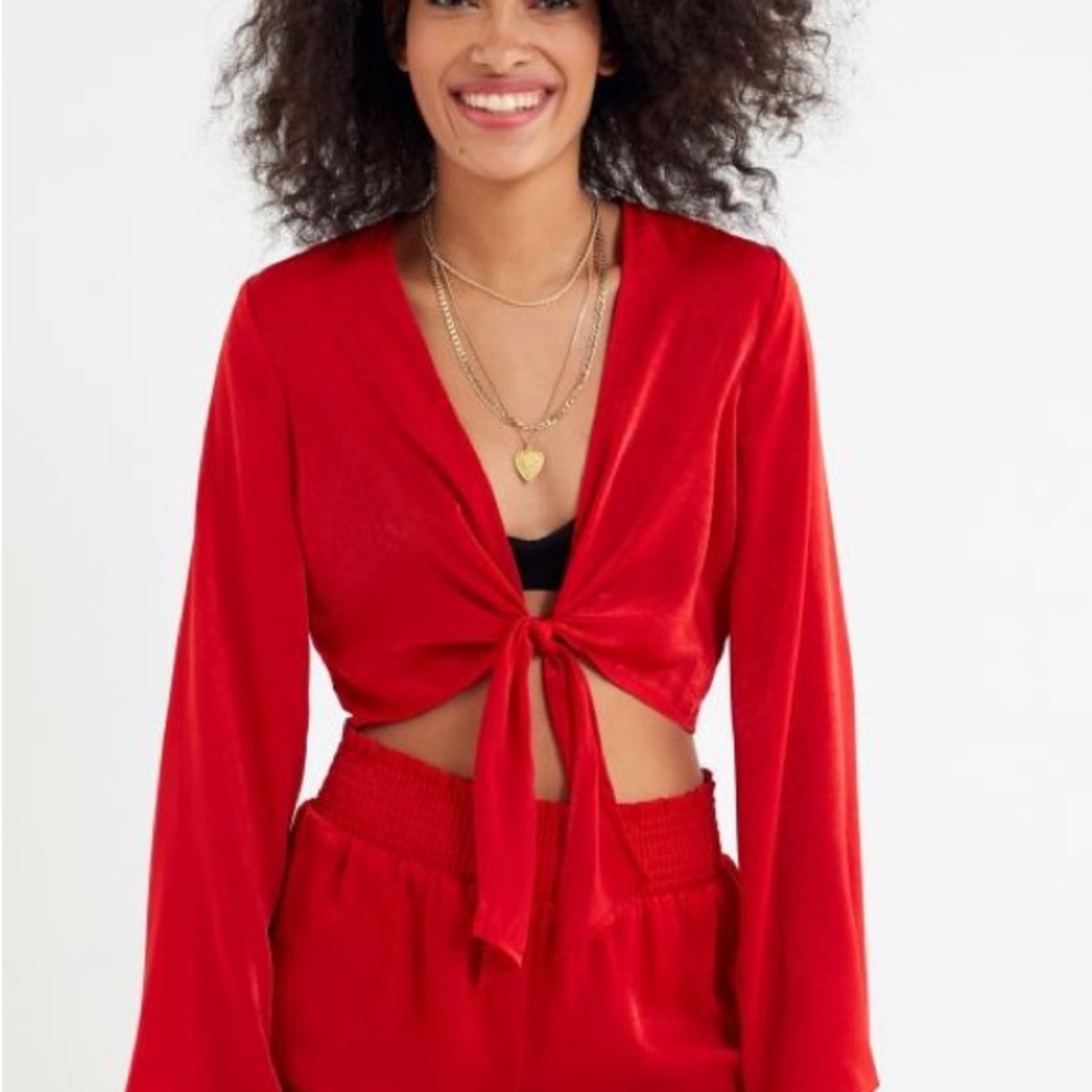 Red satin front tie shirt